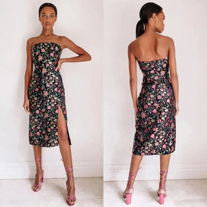 Lulu's Make a Move Black Satin Floral Jacquard Strapless Midi Dress Party